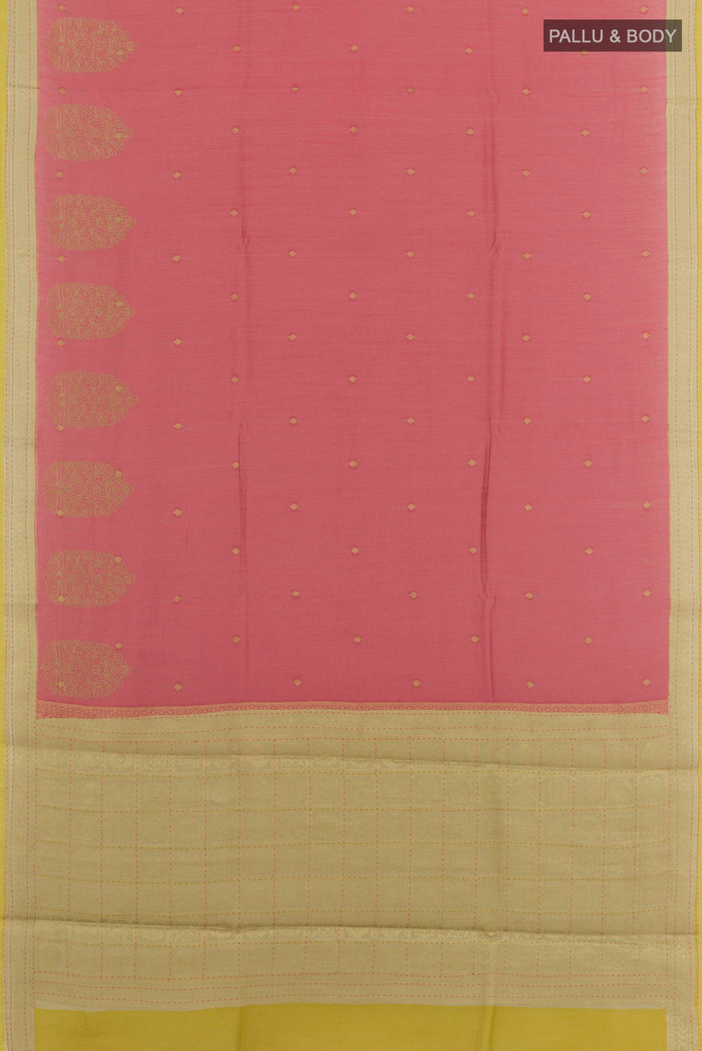 Flat view of Pink Tussar Saree with Zari Butta on the body and Zari Border. 