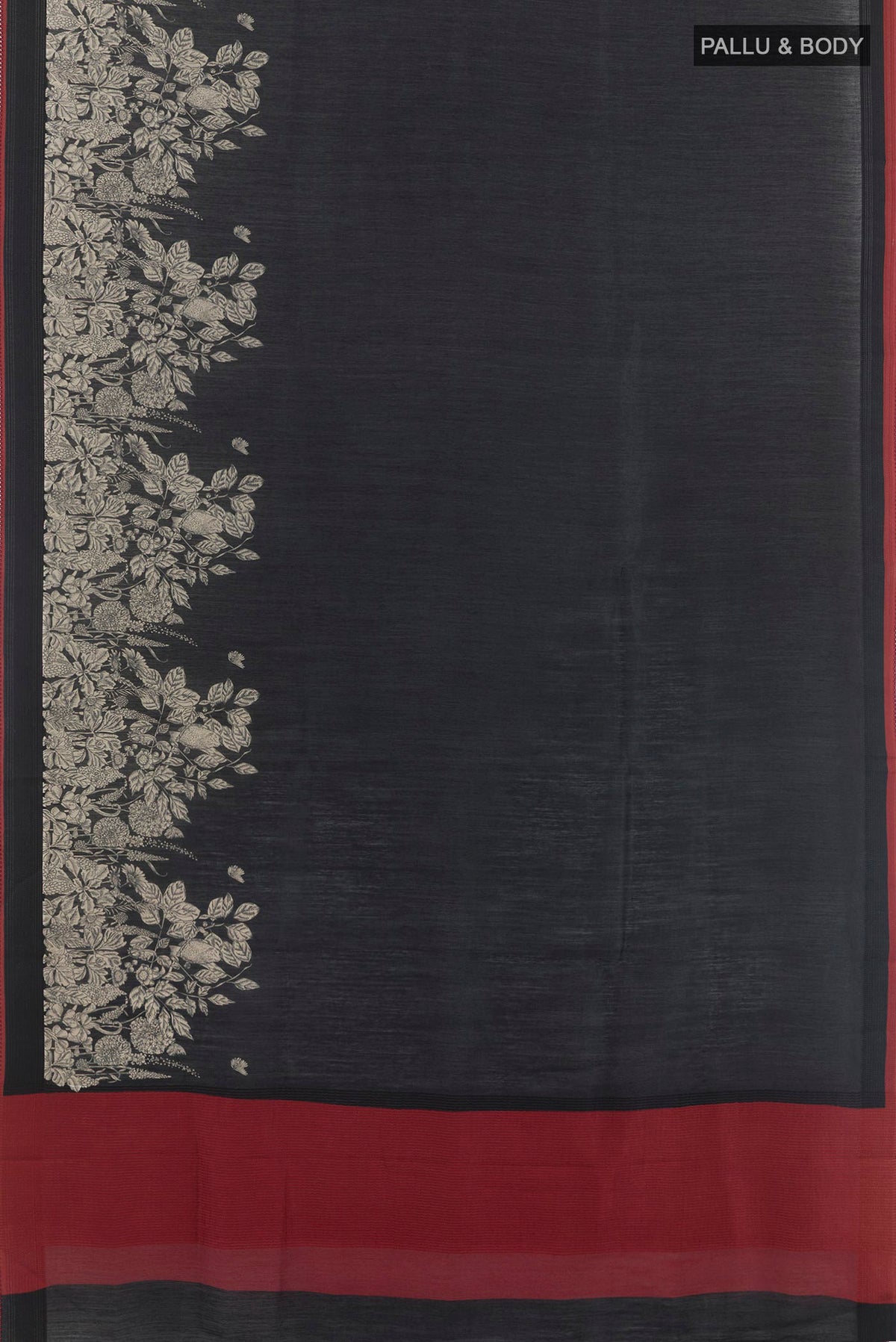 Flat view of Black Tussar Saree with Printed design on the body and Thread Embroidery Border. 