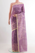 Lavender Tussar Saree with Printed design on the body and Zari Border.  displayed on a mannequin
