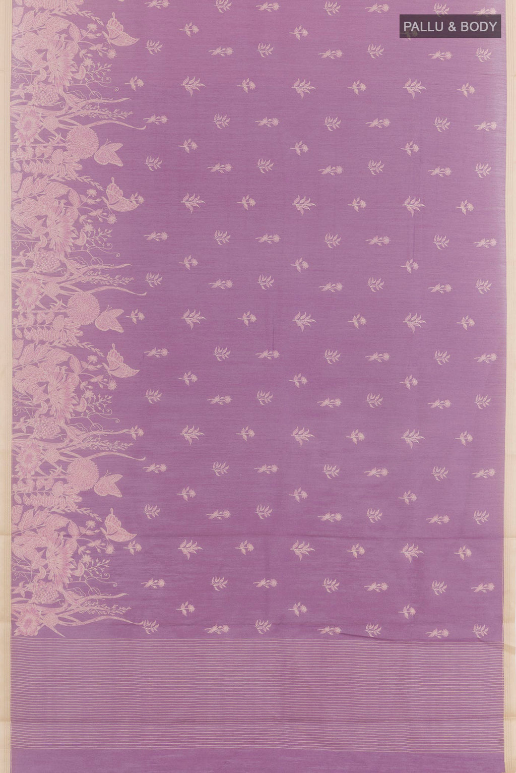 Flat view of Lavender Tussar Saree with Printed design on the body and Zari Border. 