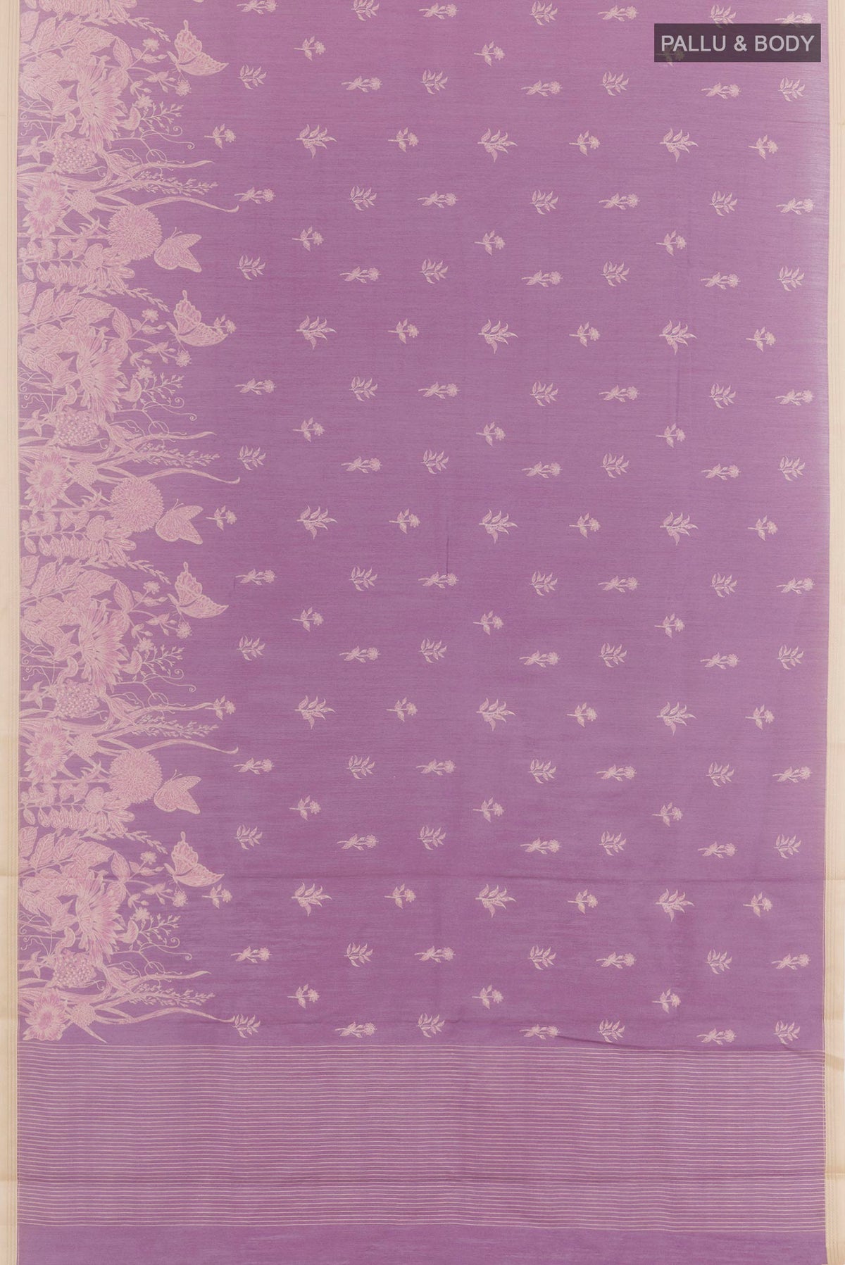 Flat view of Lavender Tussar Saree with Printed design on the body and Zari Border. 
