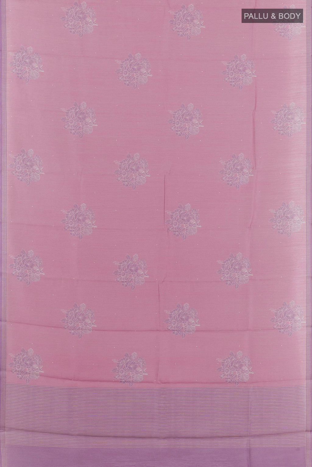 Flat view of Lavender Tussar Saree with Printed design on the body and Zari Border. 