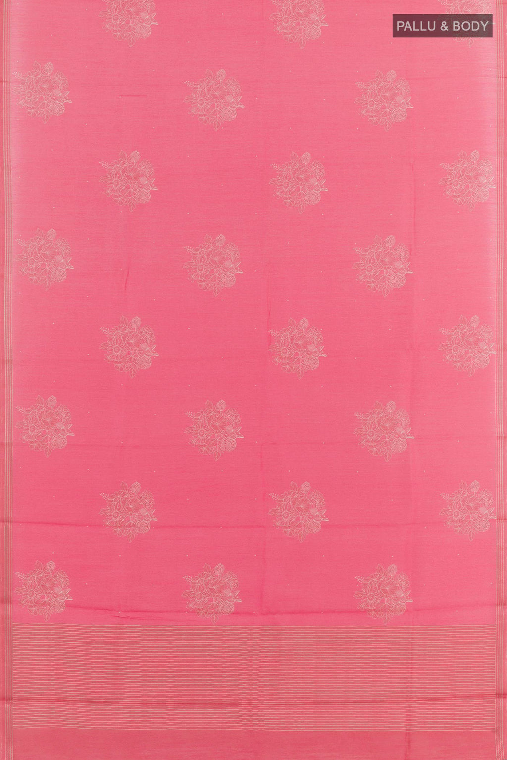 Flat view of Pink Tussar Saree with Printed design on the body and Zari Border. 