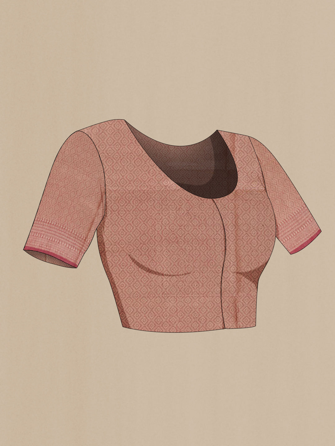 Close up image of the blouse of Pink Linen Saree with Zari Butta on the body and Zari Border. 