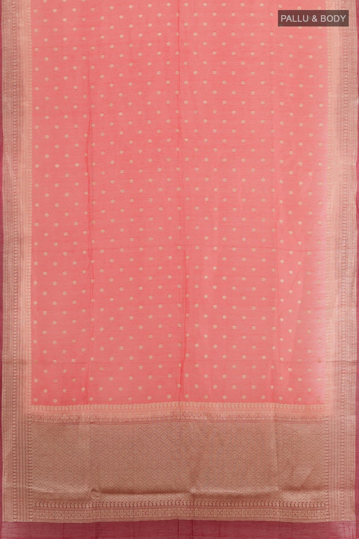 Flat view of Pink Linen Saree with Zari Butta on the body and Zari Border. 
