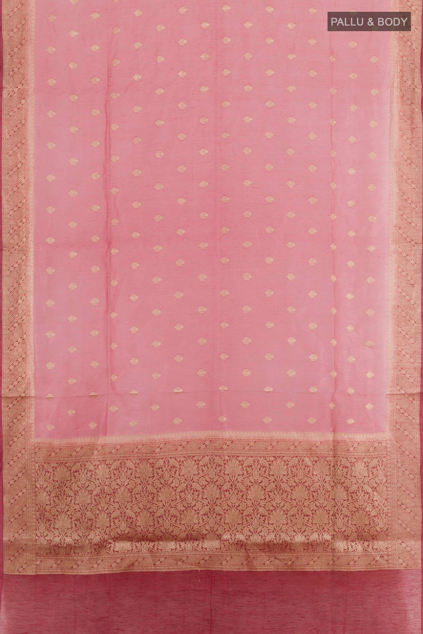 Flat view of Pink Linen Saree with Zari Butta on the body and Zari Border. 