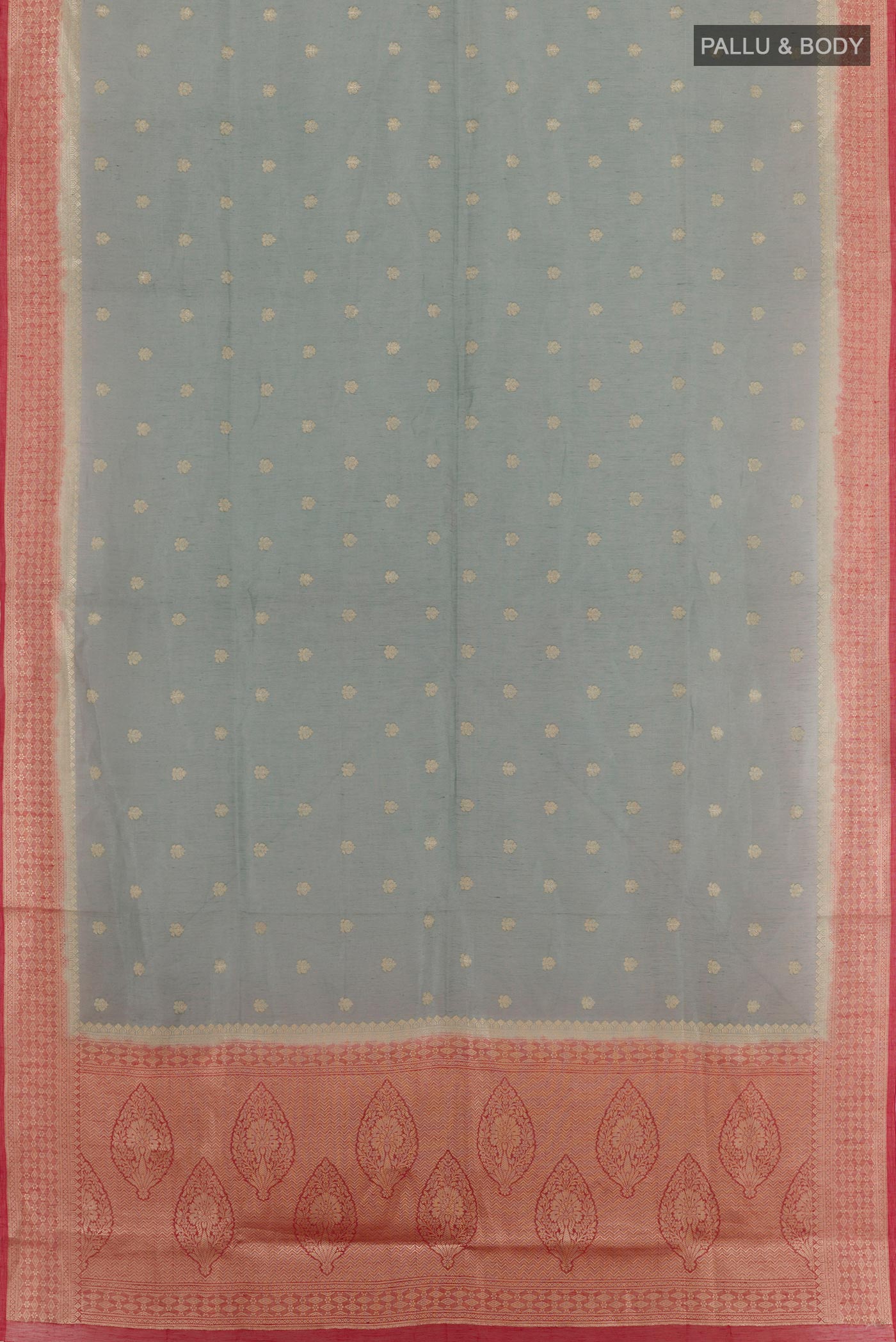 Flat view of Grey Linen Saree with Zari Butta on the body and Zari Border. 