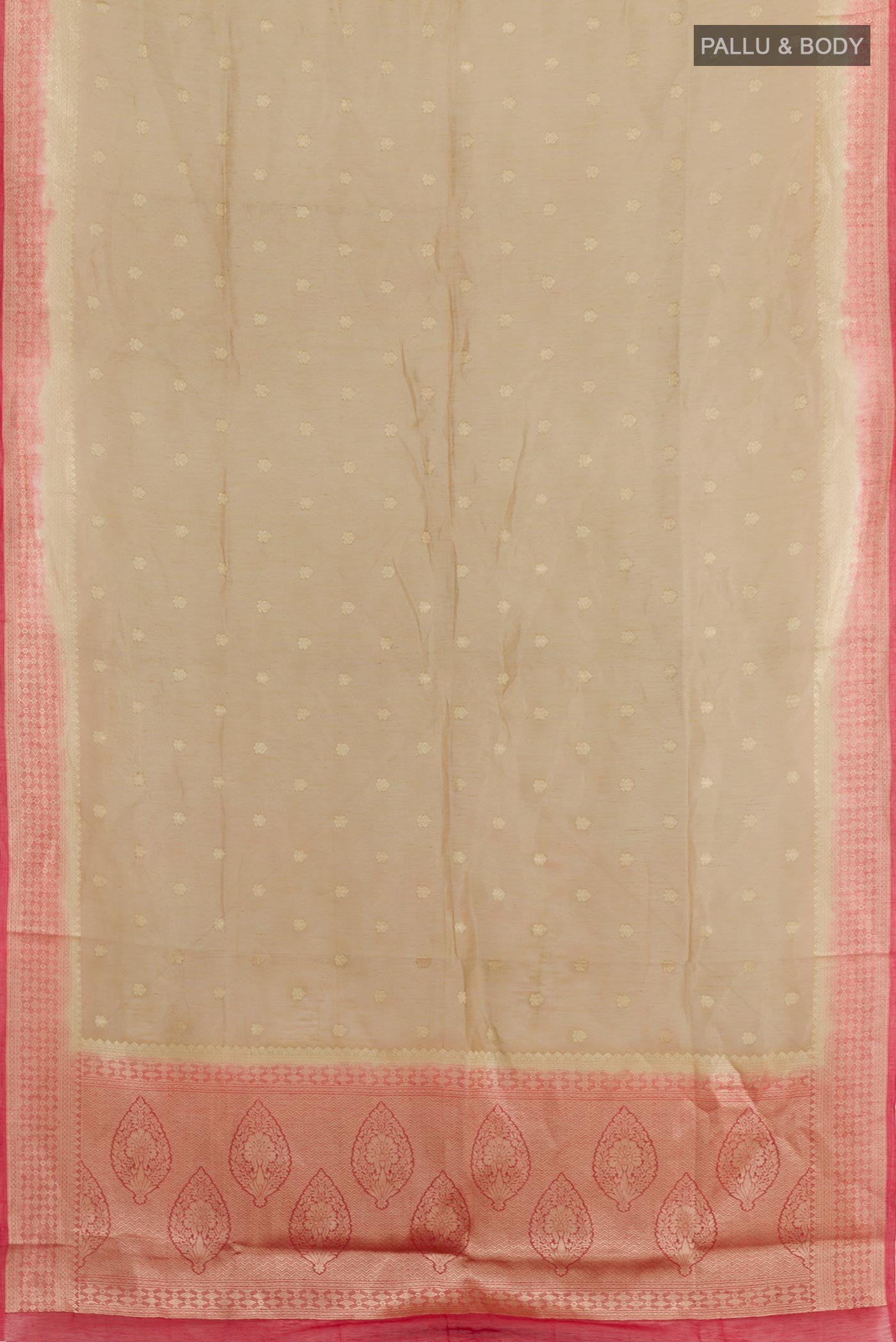Flat view of Beige Linen Saree with Zari Butta on the body and Zari Border. 