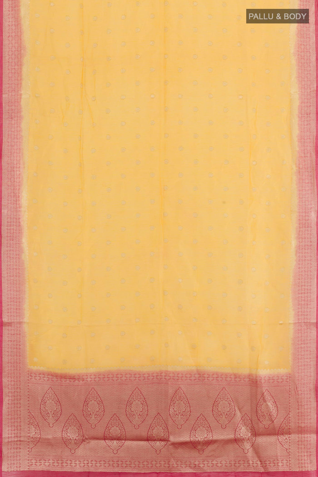 Flat view of Yellow Linen Saree with Zari Butta on the body and Zari Border. 