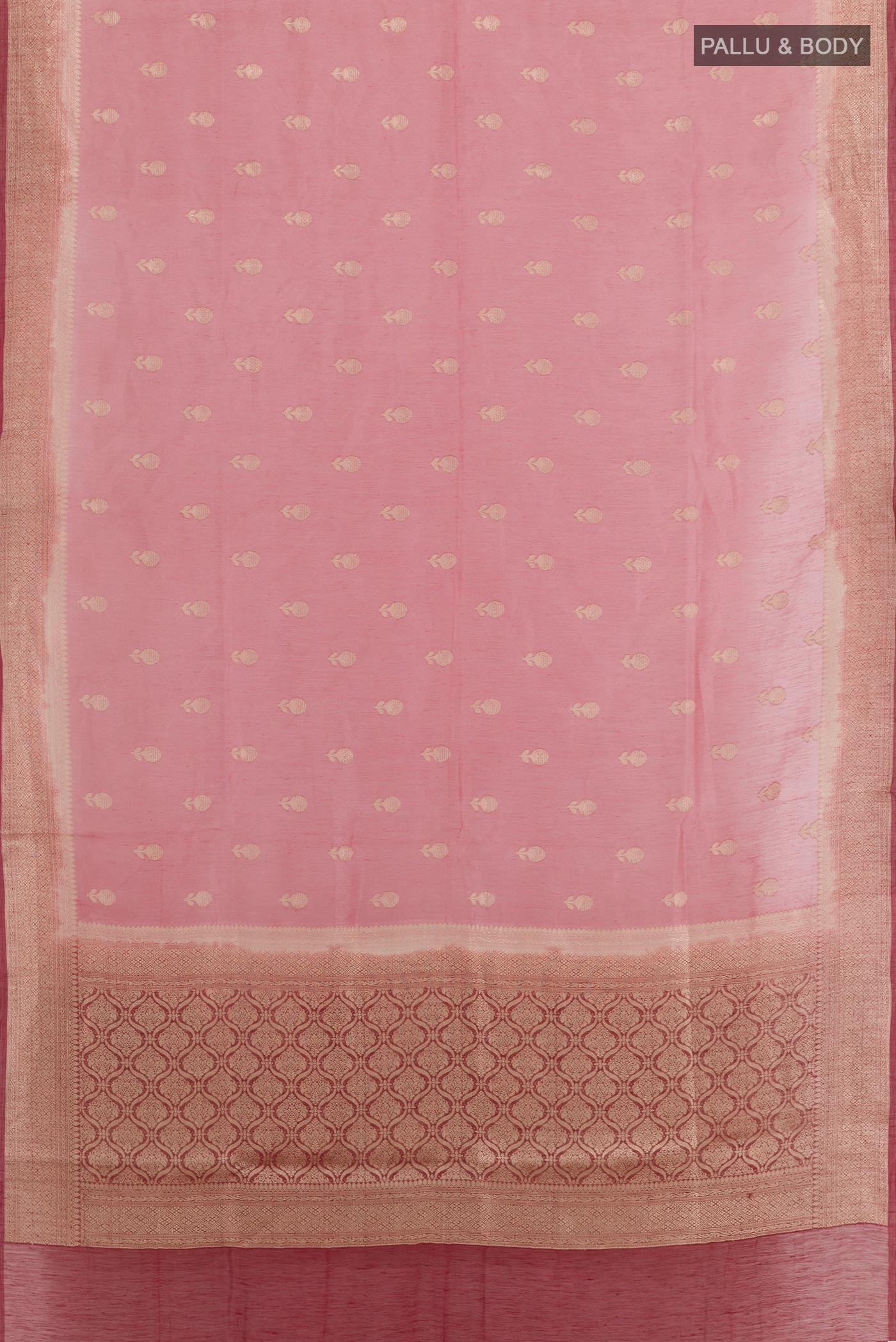 Flat view of Pink Linen Saree with Zari Butta on the body and Zari Border. 