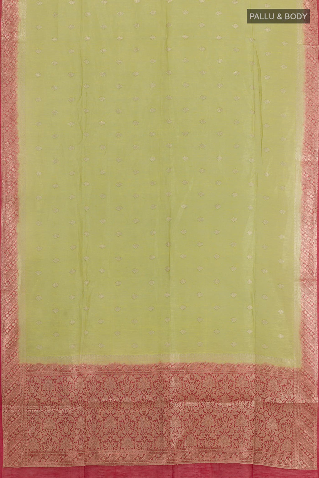 Flat view of Green Linen Saree with Zari Butta on the body and Zari Border. 