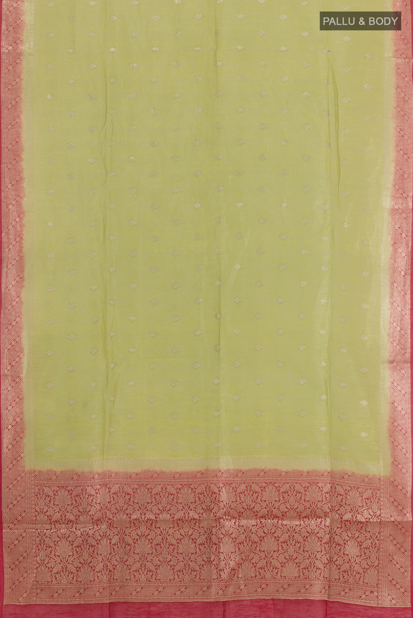 Flat view of Green Linen Saree with Zari Butta on the body and Zari Border. 
