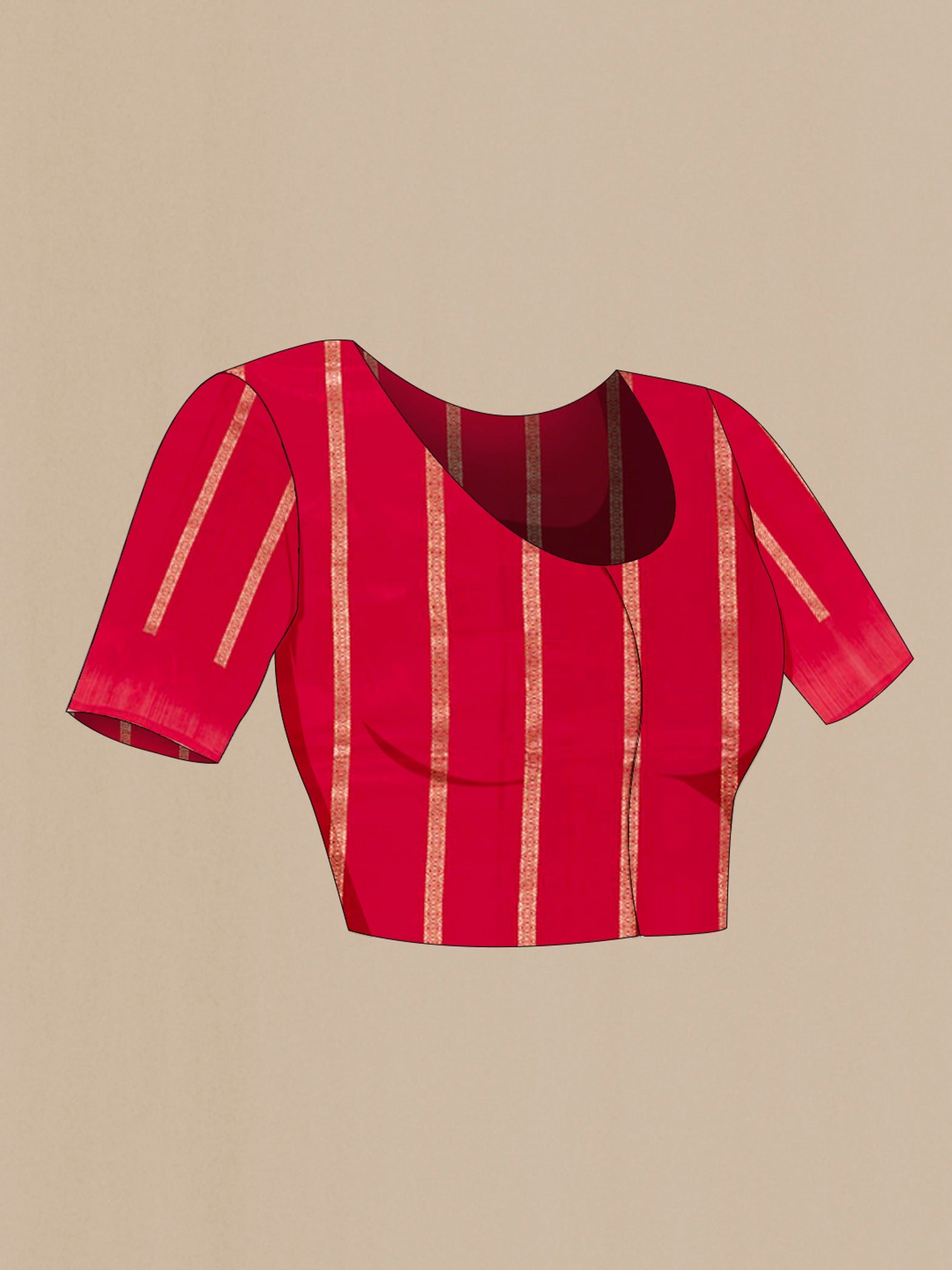 Close up image of the blouse of Red Tussar Silk Saree with Zari Butta on the body and Zari Border. 