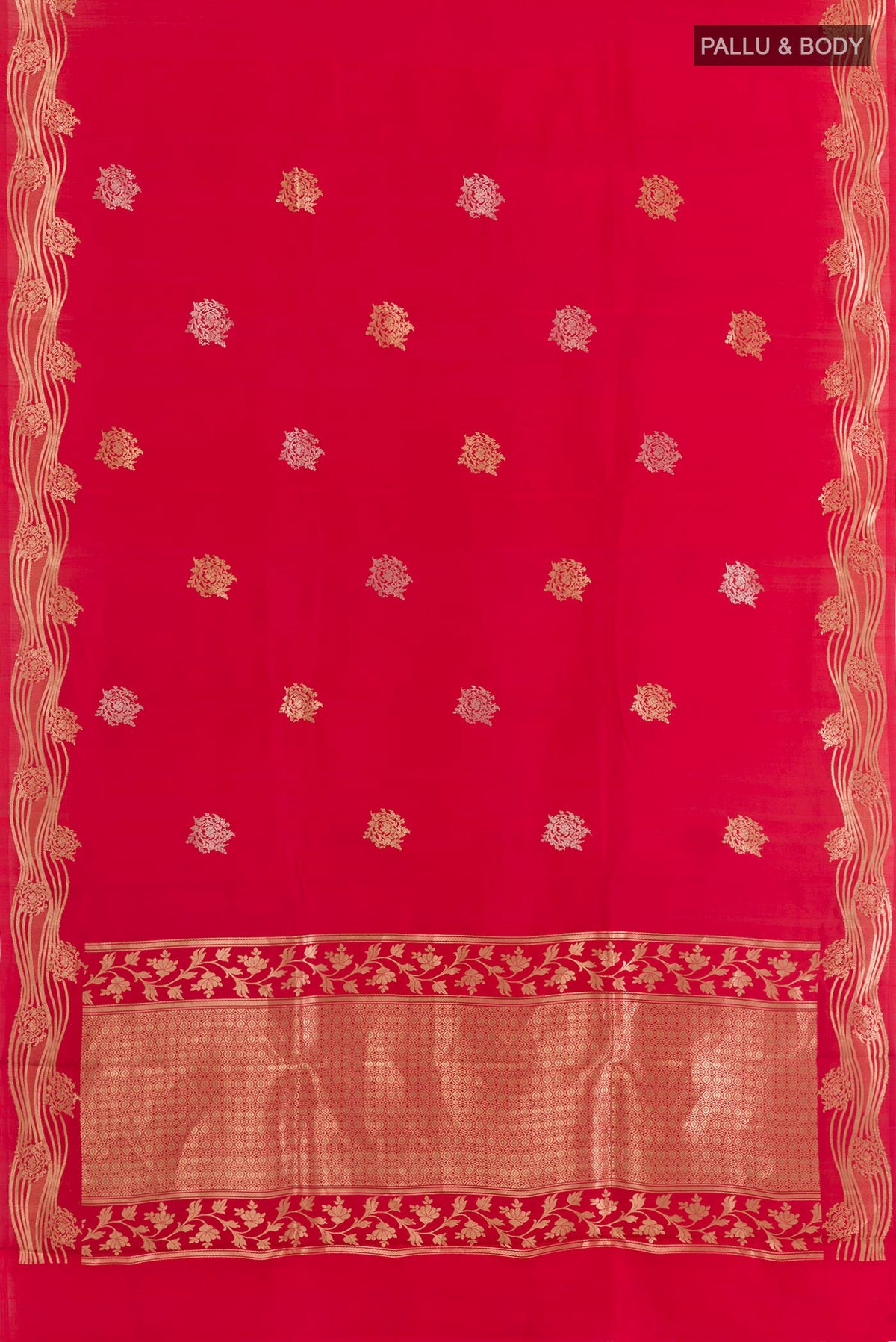 Flat view of Red Tussar Silk Saree with Zari Butta on the body and Zari Border. 