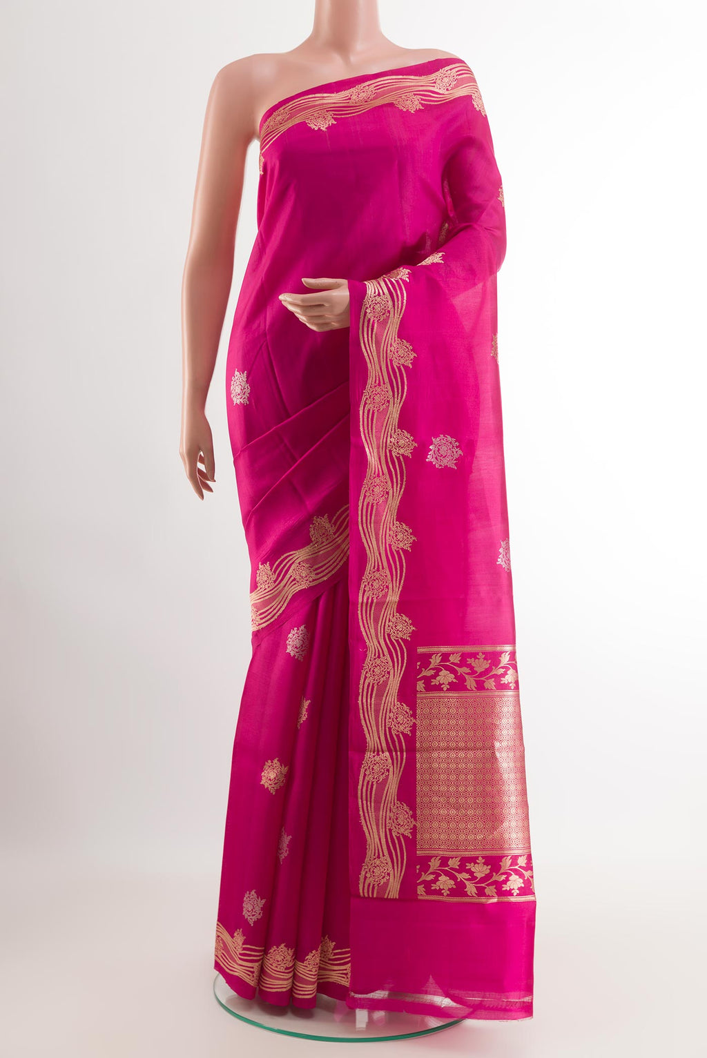 Pink Banarasi Silk Saree with Zari Butta on the body and Zari Border.  displayed on a mannequin