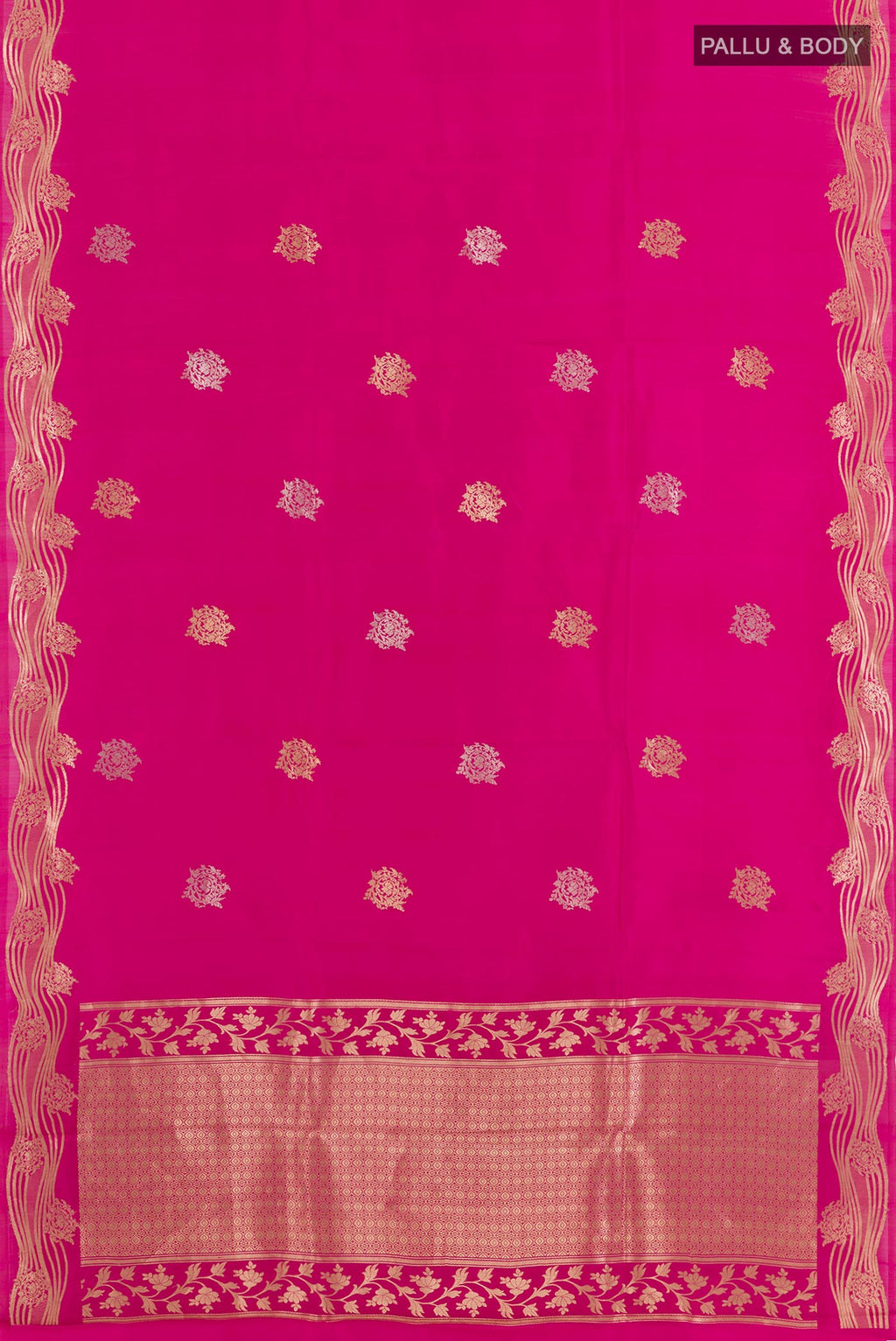 Flat view of Pink Banarasi Silk Saree with Zari Butta on the body and Zari Border. 