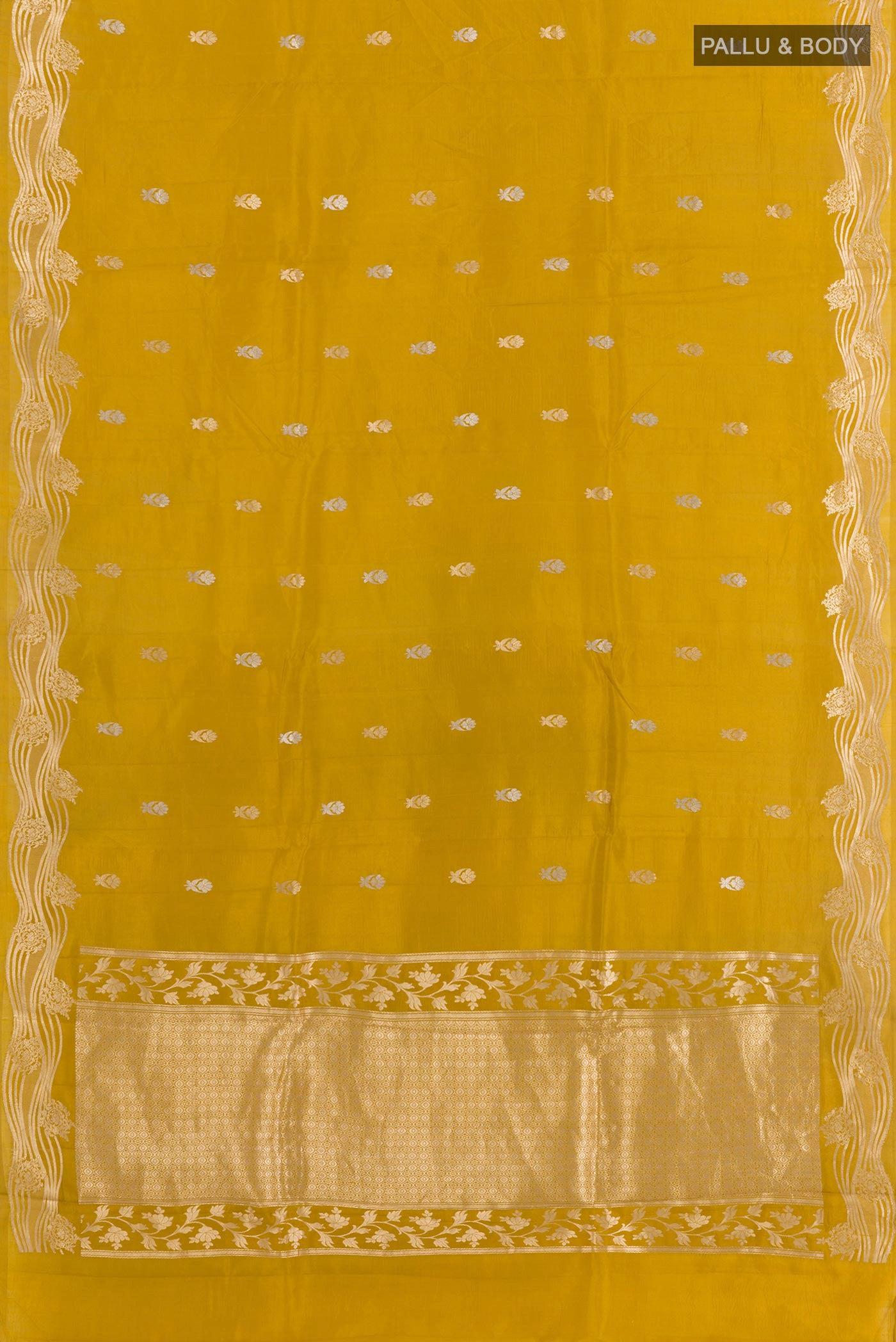 Flat view of Yellow Banarasi Katan Silk Saree with Zari Butta on the body and Zari Border. 