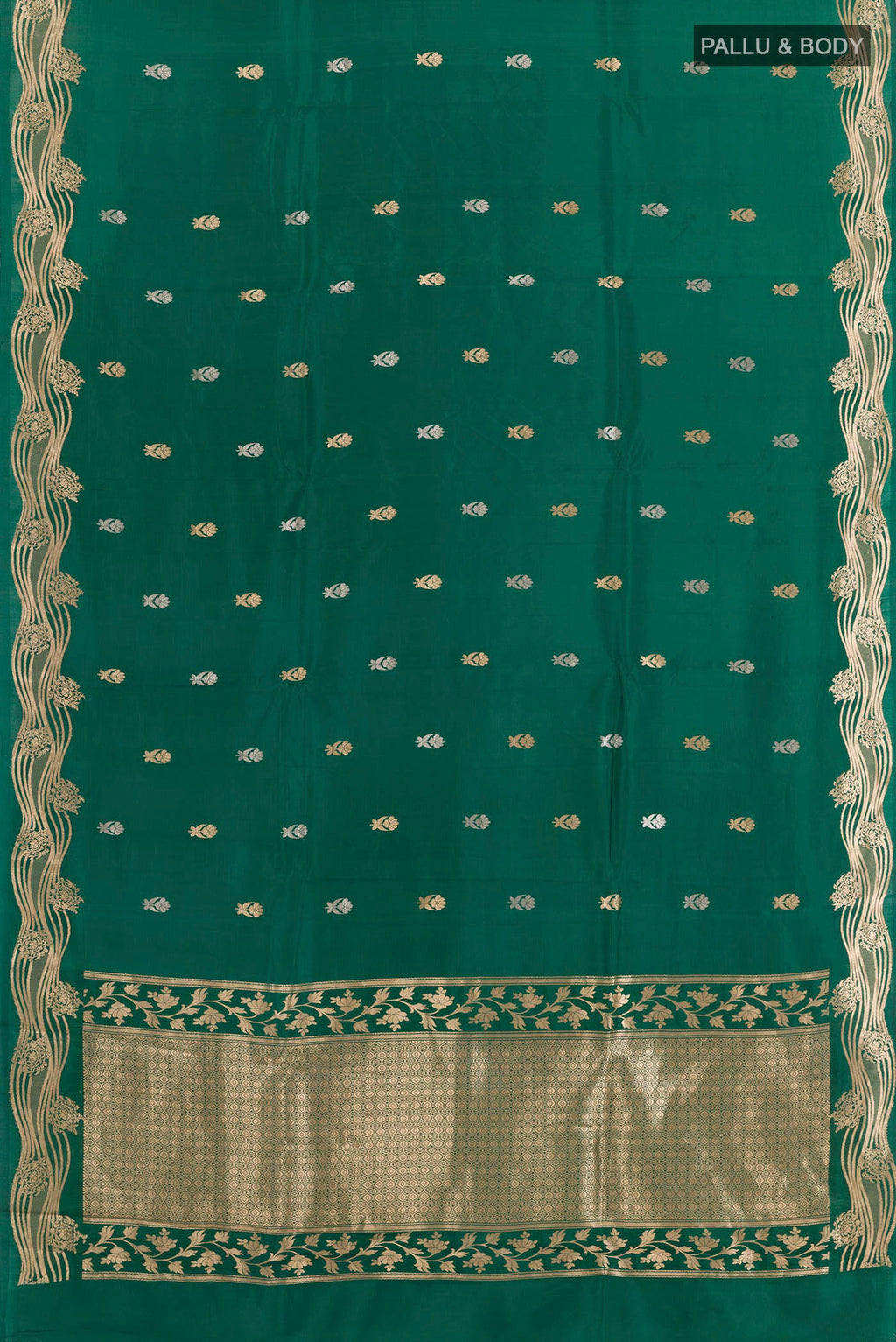 Flat view of Green Banarasi Katan Silk Saree with Zari Butta on the body and Zari Border. 