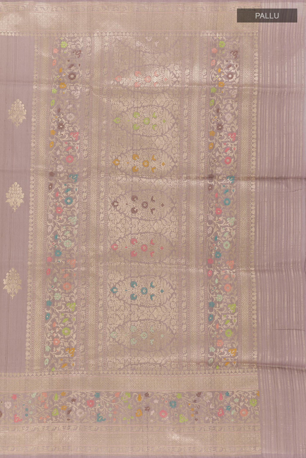 Close up image of the pallu of Lavender Banarasi Tussar Silk Saree with Zari Butta on the body and Zari Border. 