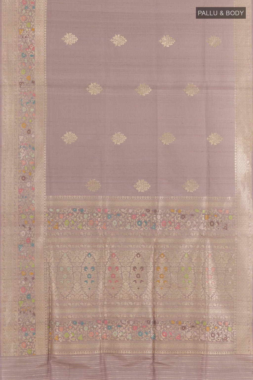 Flat view of Lavender Banarasi Tussar Silk Saree with Zari Butta on the body and Zari Border. 