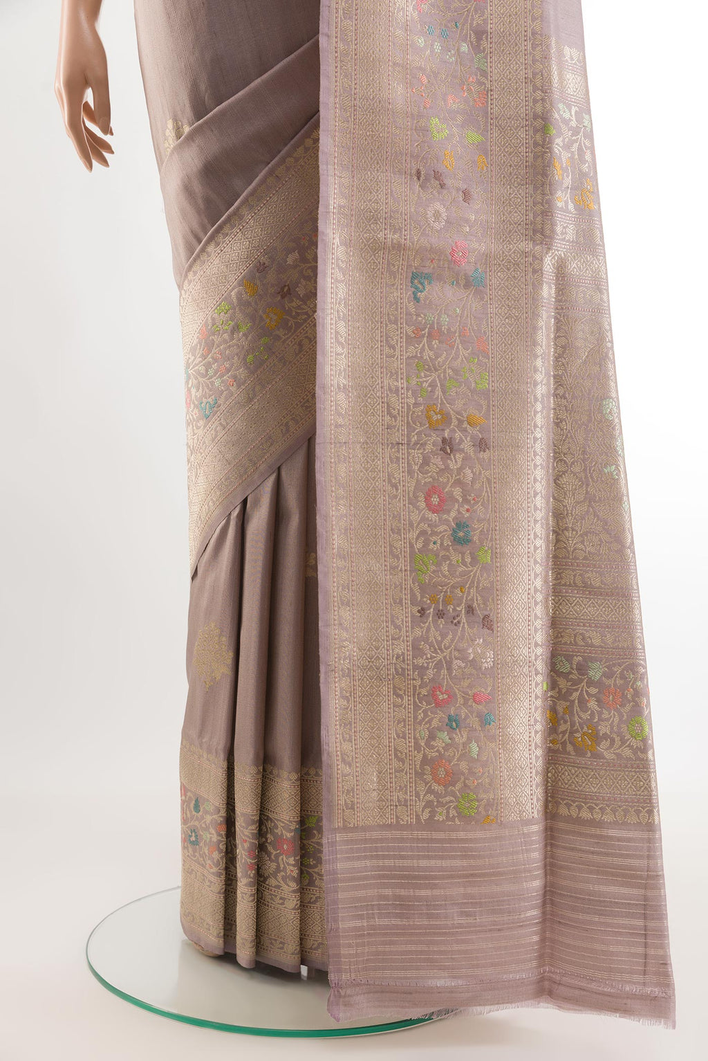Pleats and pallu of Lavender Banarasi Tussar Silk Saree with Zari Butta on the body and Zari Border. 