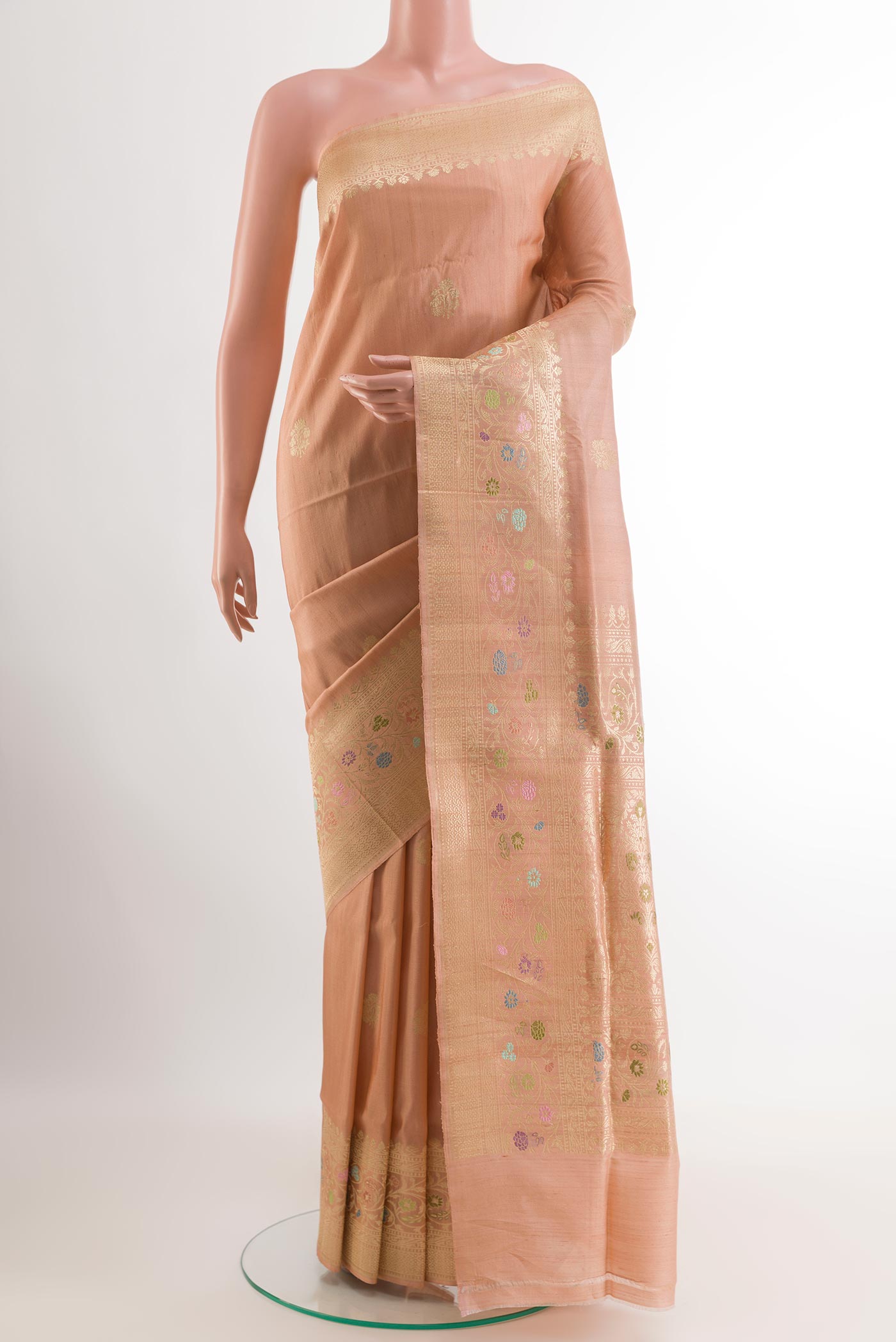 Imperial Pink Banarasi Silk Saree with Zari Butta on the body and Zari Border.  displayed on a mannequin