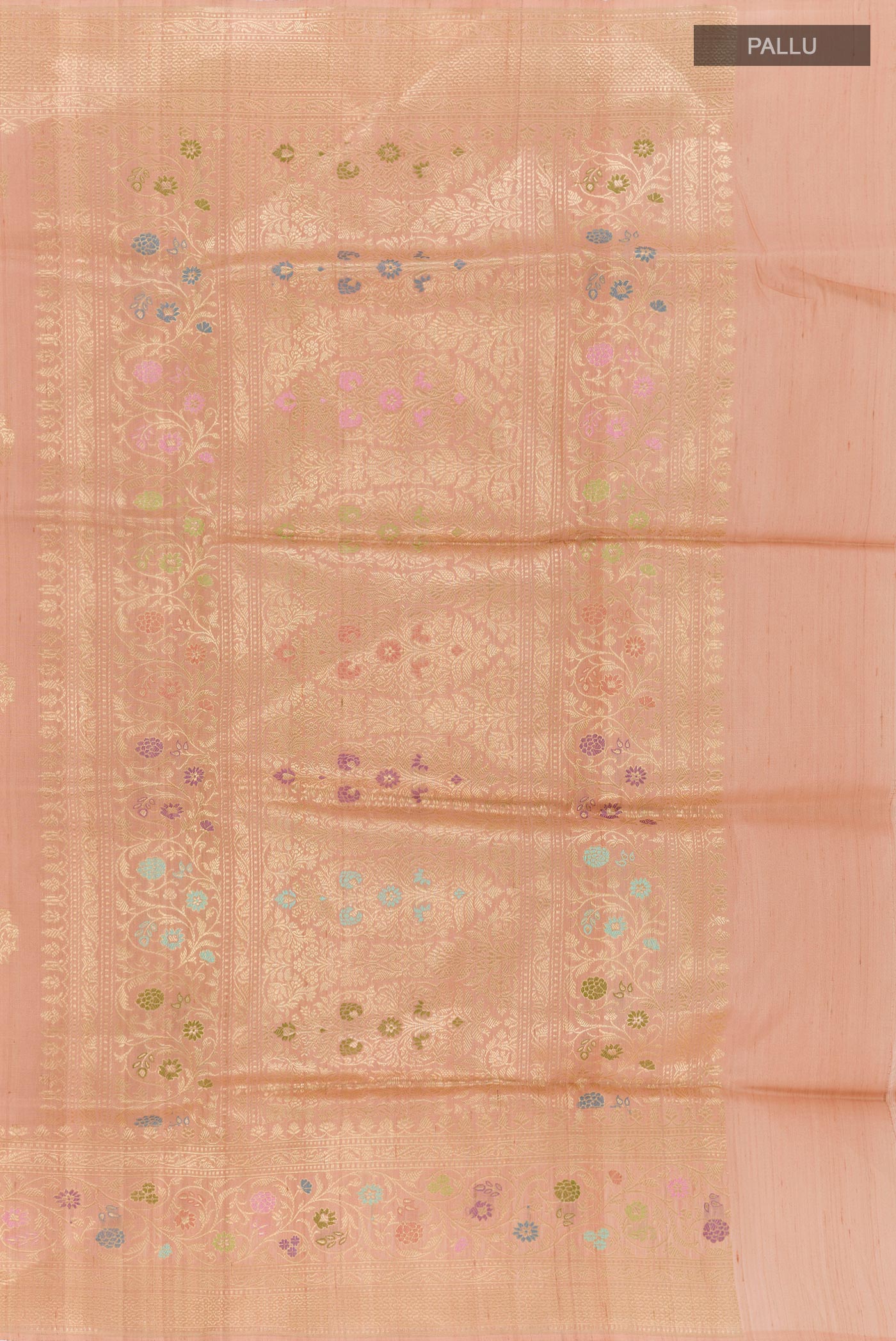Close up image of the pallu of Imperial Pink Banarasi Silk Saree with Zari Butta on the body and Zari Border. 