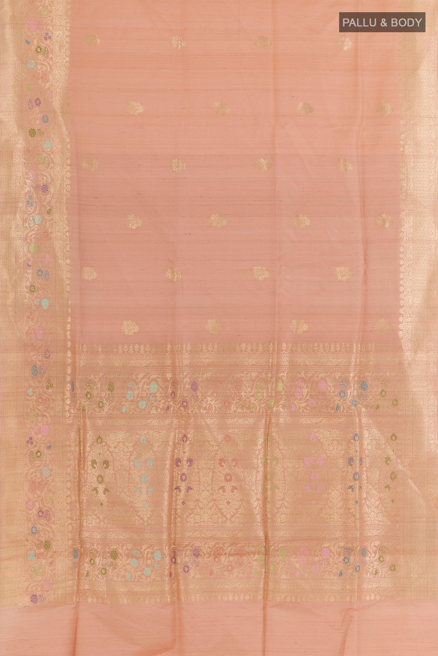 Flat view of Imperial Pink Banarasi Silk Saree with Zari Butta on the body and Zari Border. 