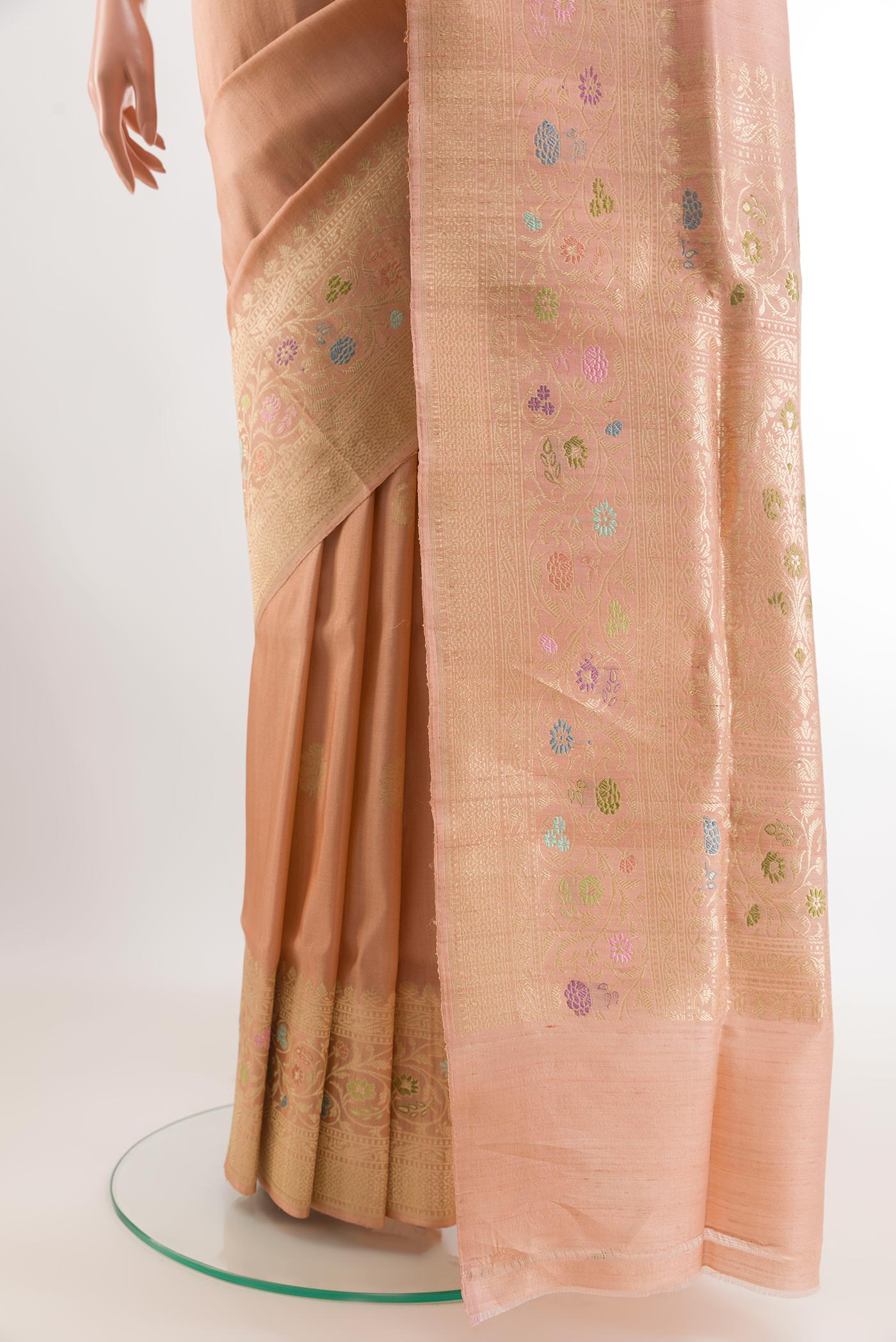 Pleats and pallu of Imperial Pink Banarasi Silk Saree with Zari Butta on the body and Zari Border. 