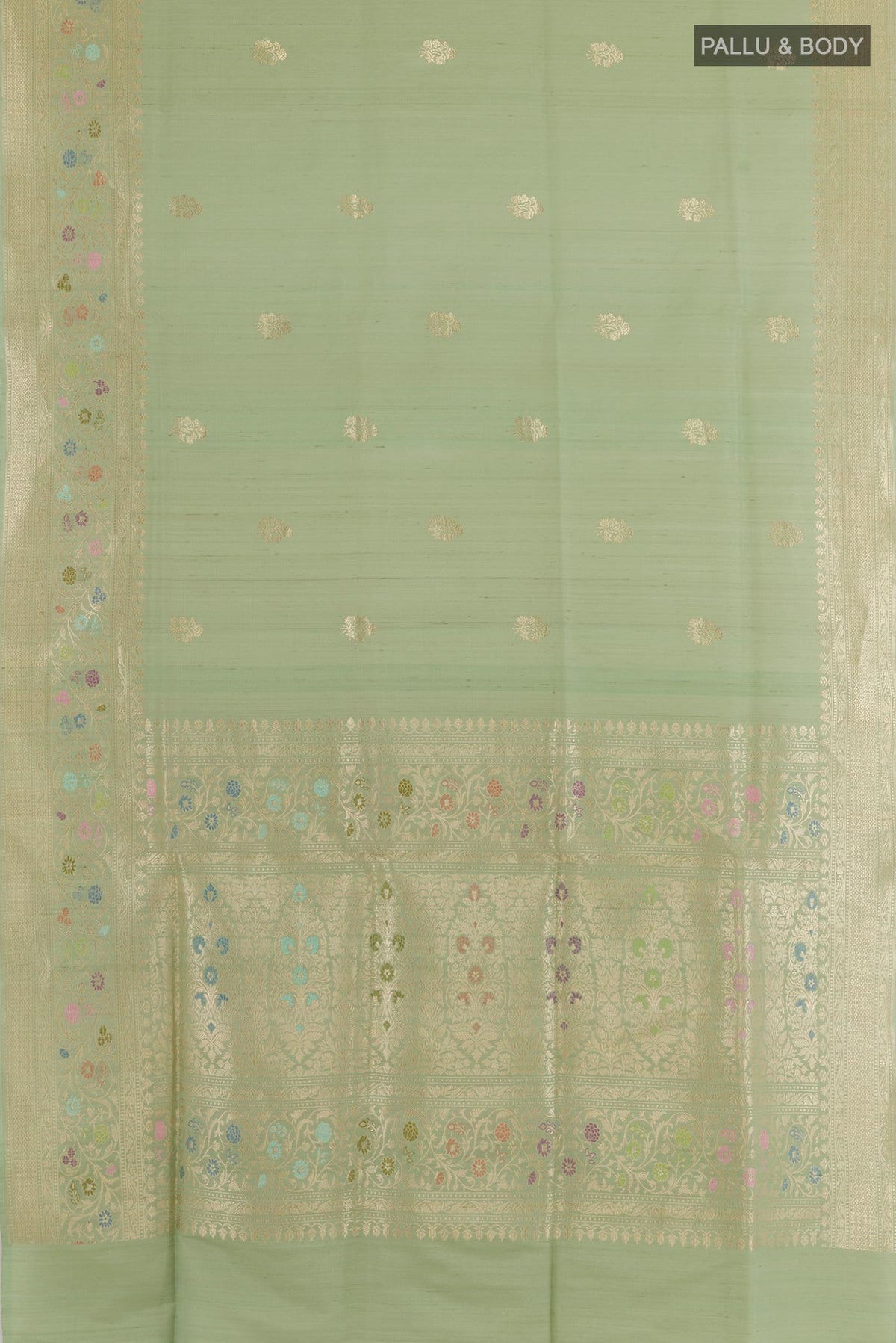Flat view of Pista Green Banarasi Tussar Silk Saree with Zari Butta on the body and Zari Border. 