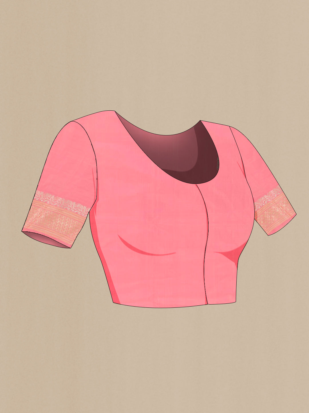 Close up image of the blouse of Rose pink Banarasi Silk Saree with Zari Butta on the body and Zari Border. 