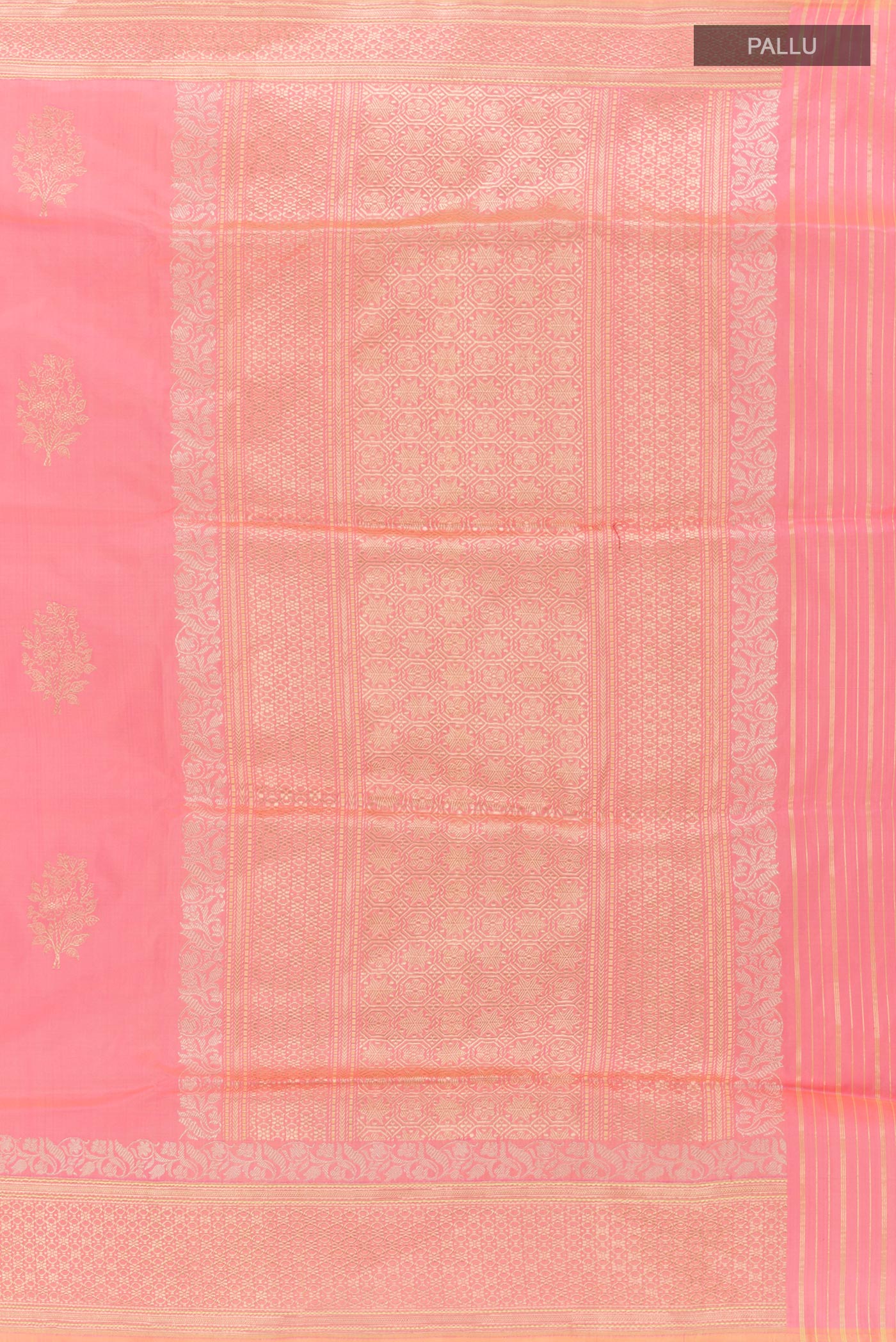 Close up image of the pallu of Rose pink Banarasi Silk Saree with Zari Butta on the body and Zari Border. 