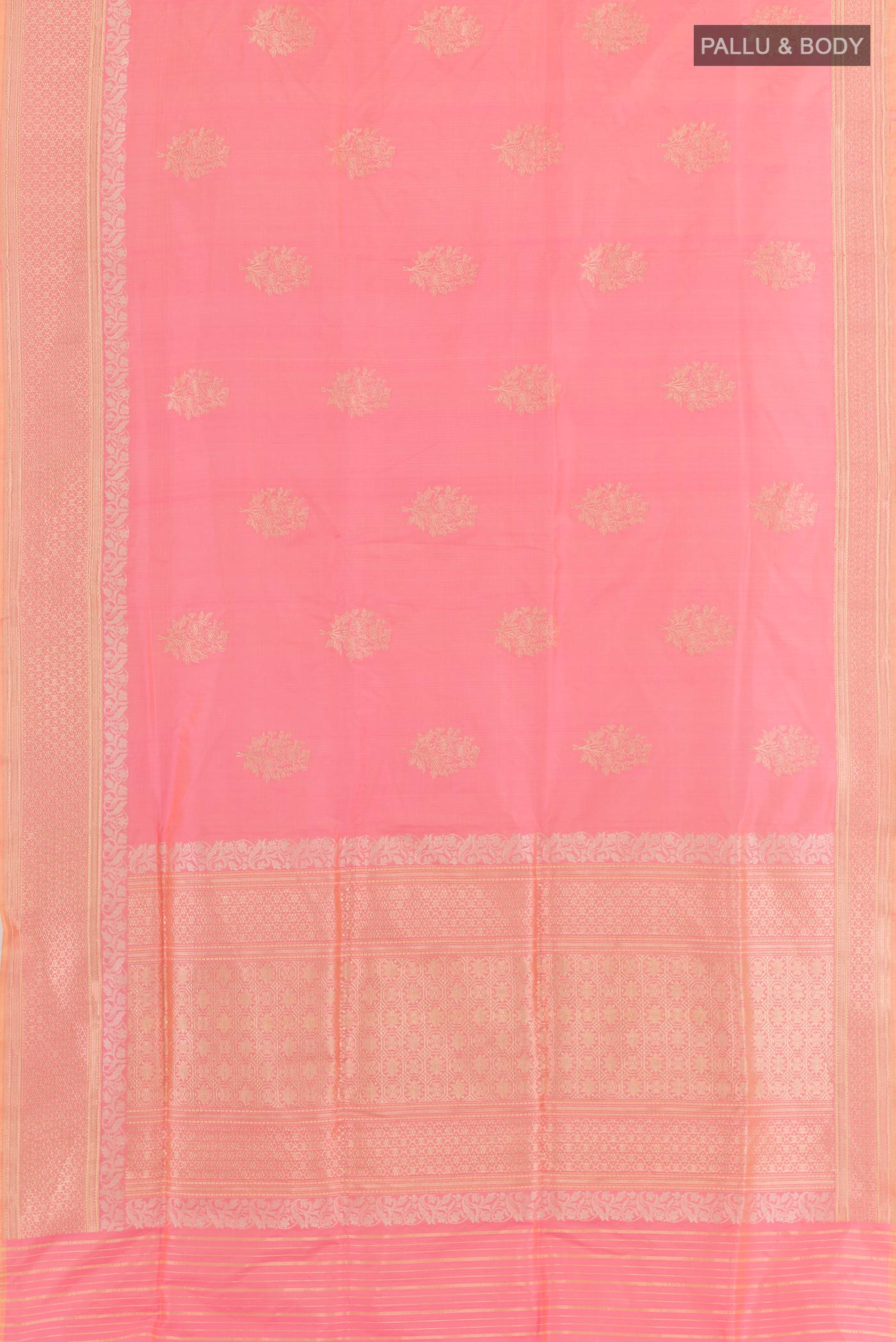 Flat view of Rose pink Banarasi Silk Saree with Zari Butta on the body and Zari Border. 