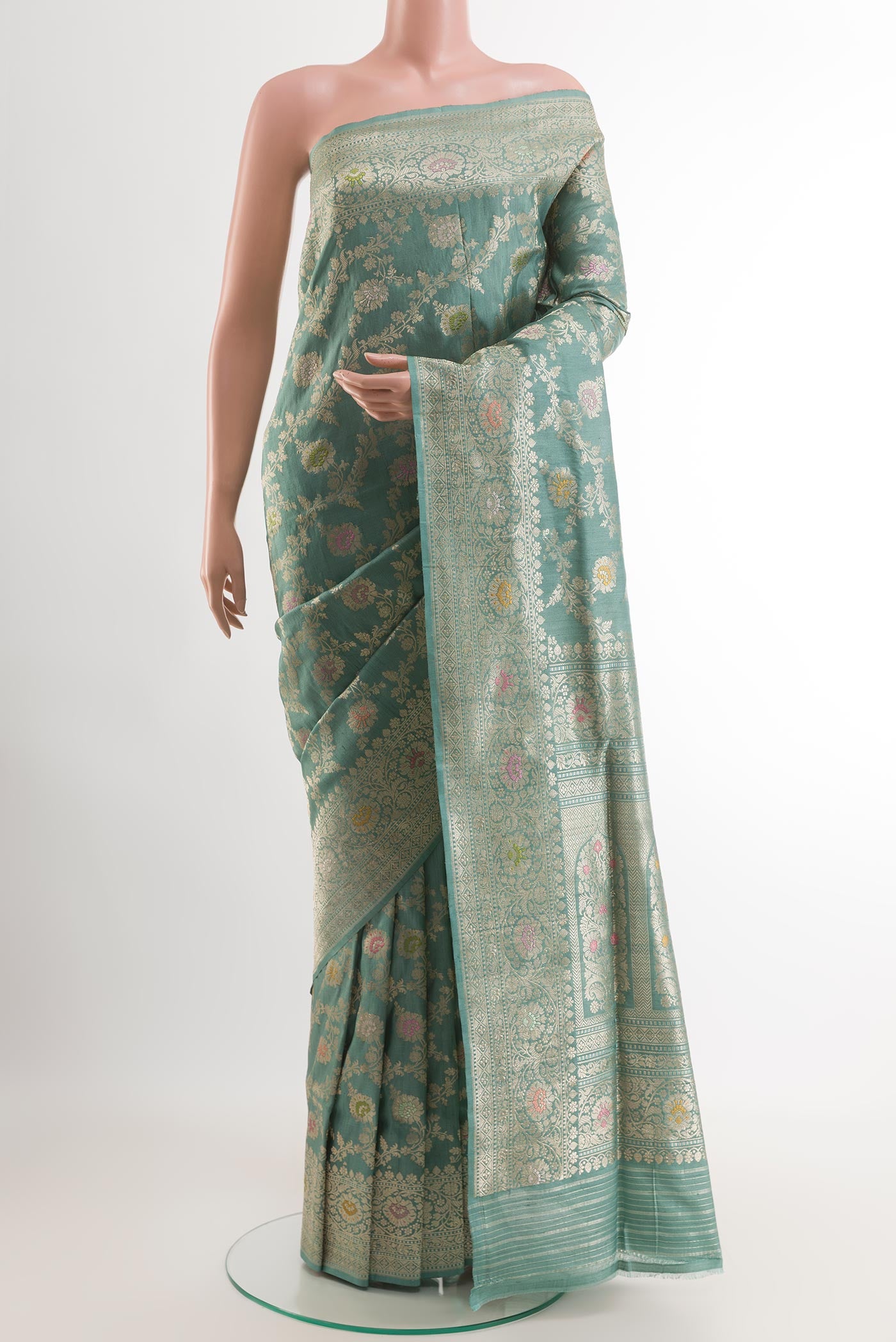 Blue Banarasi Tussar Silk Saree with Zari Brocade on the body and Zari Border.  displayed on a mannequin