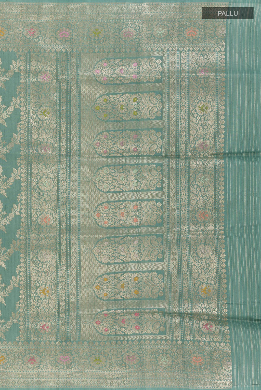 Close up image of the pallu of Blue Banarasi Tussar Silk Saree with Zari Brocade on the body and Zari Border. 