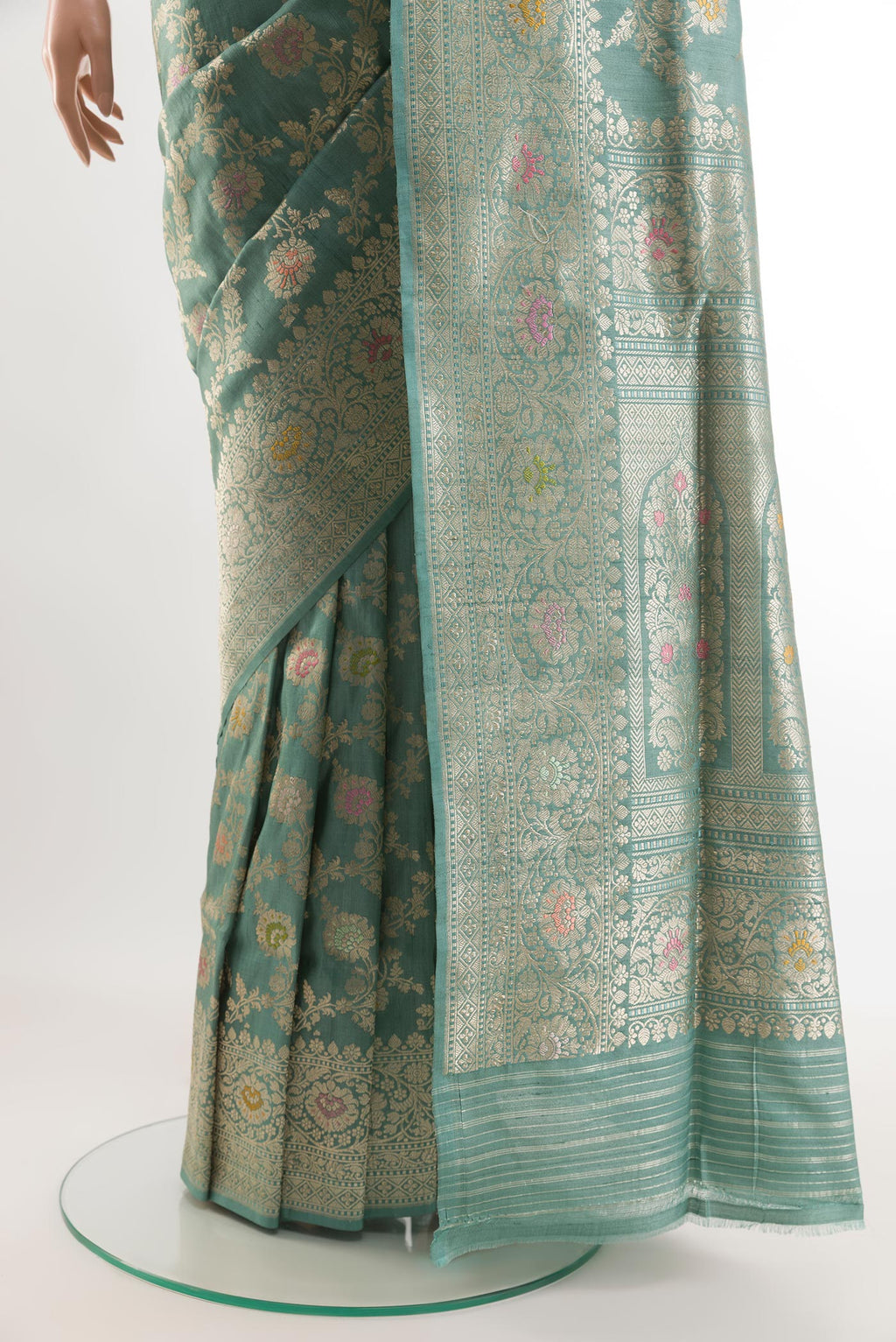 Pleats and pallu of Blue Banarasi Tussar Silk Saree with Zari Brocade on the body and Zari Border. 