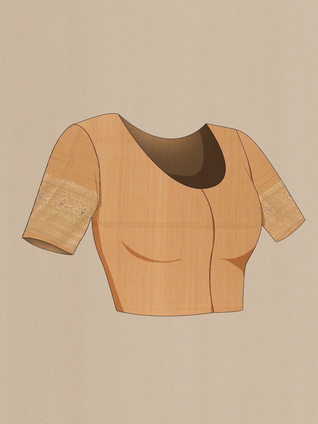 Close up image of the blouse of Peach Banarasi Tussar Silk Saree with Zari Brocade on the body and Zari Border. 