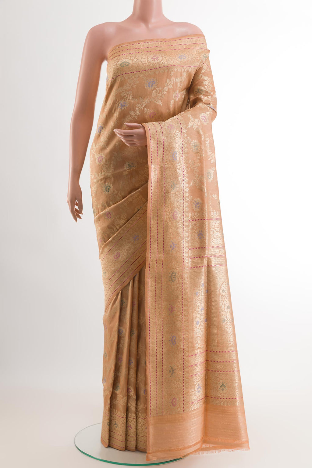 Peach Banarasi Tussar Silk Saree with Zari Brocade on the body and Zari Border.  displayed on a mannequin