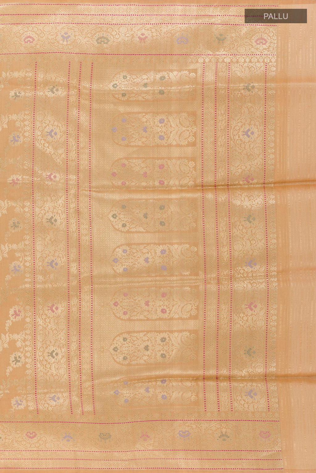 Close up image of the pallu of Peach Banarasi Tussar Silk Saree with Zari Brocade on the body and Zari Border. 