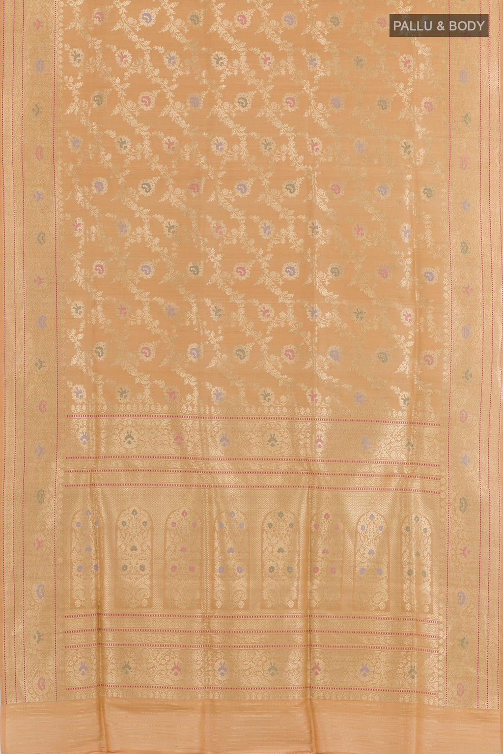 Flat view of Peach Banarasi Tussar Silk Saree with Zari Brocade on the body and Zari Border. 