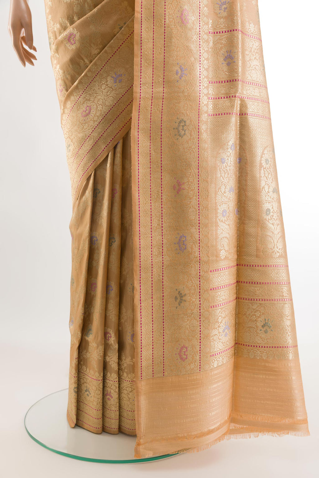 Pleats and pallu of Peach Banarasi Tussar Silk Saree with Zari Brocade on the body and Zari Border. 