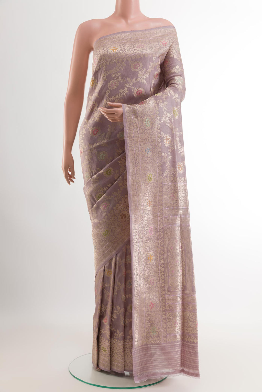 Lavender Banarasi Tussar Silk Saree with Zari Brocade on the body and Zari Border.  displayed on a mannequin