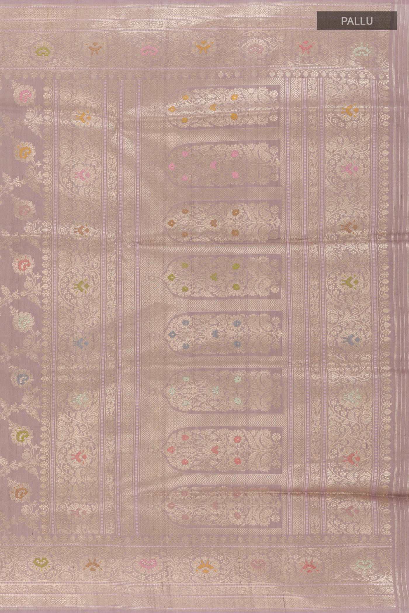 Close up image of the pallu of Lavender Banarasi Tussar Silk Saree with Zari Brocade on the body and Zari Border. 
