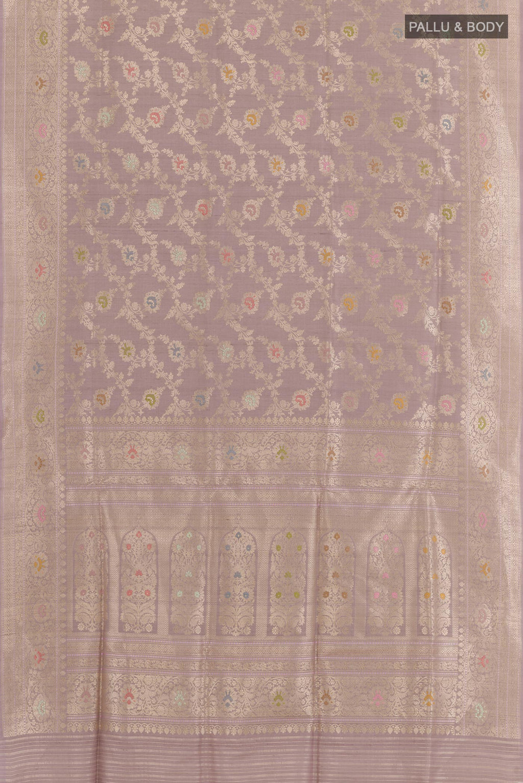 Flat view of Lavender Banarasi Tussar Silk Saree with Zari Brocade on the body and Zari Border. 
