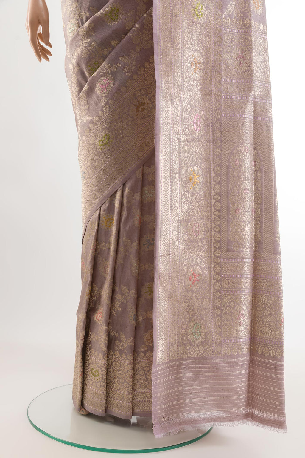 Pleats and pallu of Lavender Banarasi Tussar Silk Saree with Zari Brocade on the body and Zari Border. 