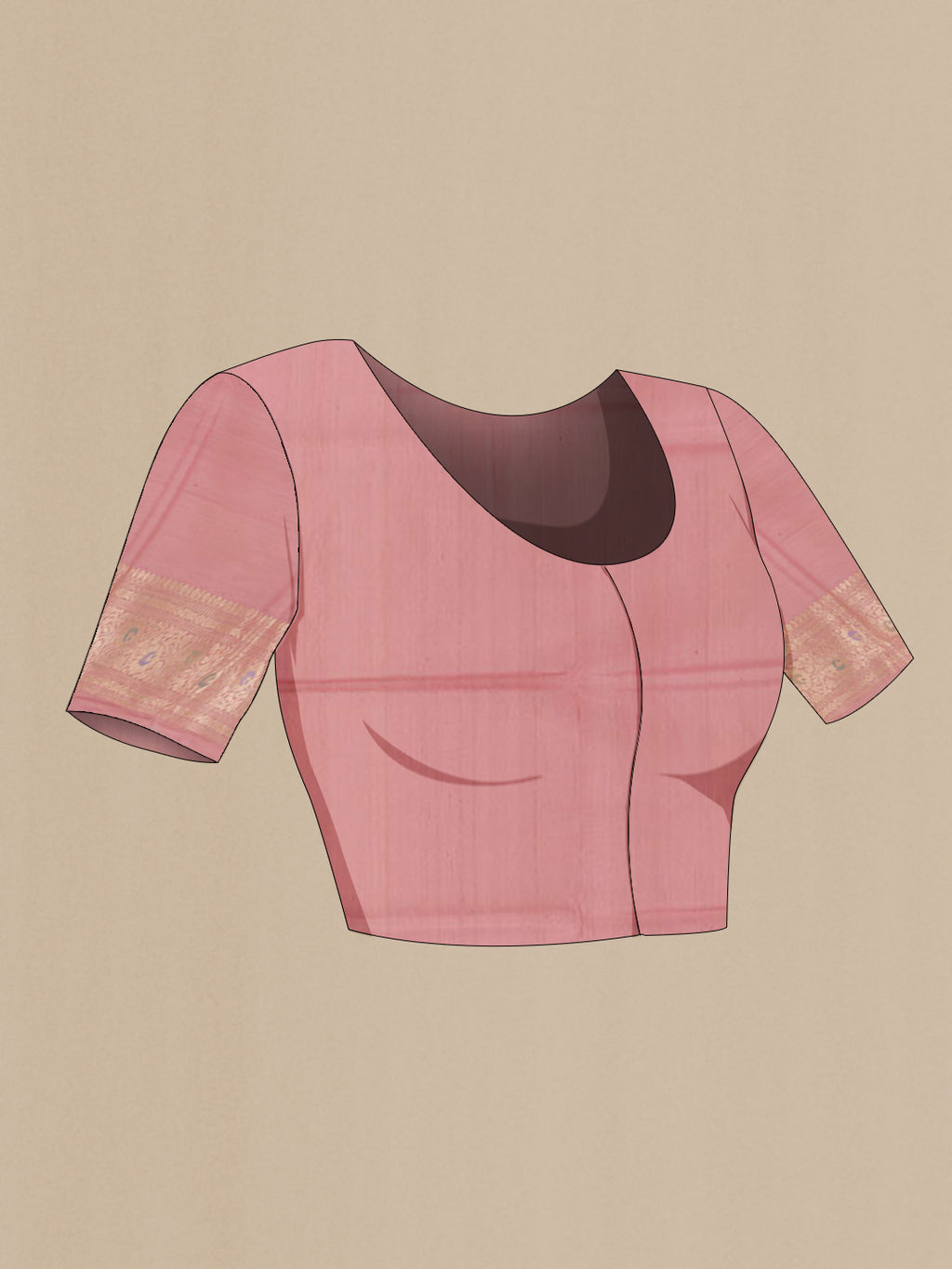 Close up image of the blouse of Pink Banarasi Tussar Silk Saree with Zari Brocade on the body and Zari Border. 