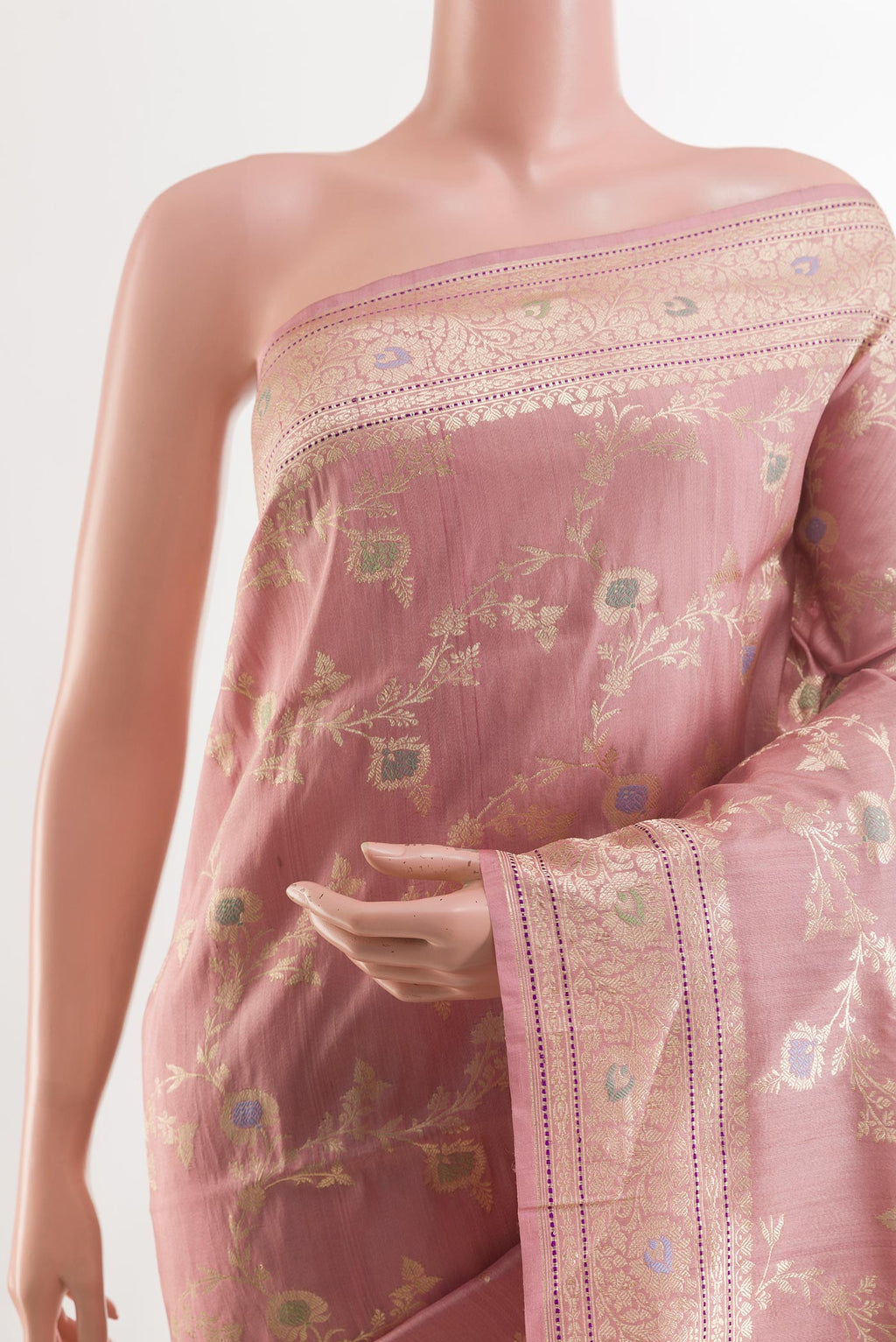 Border image of Pink Banarasi Tussar Silk Saree with Zari Brocade on the body and Zari Border. 