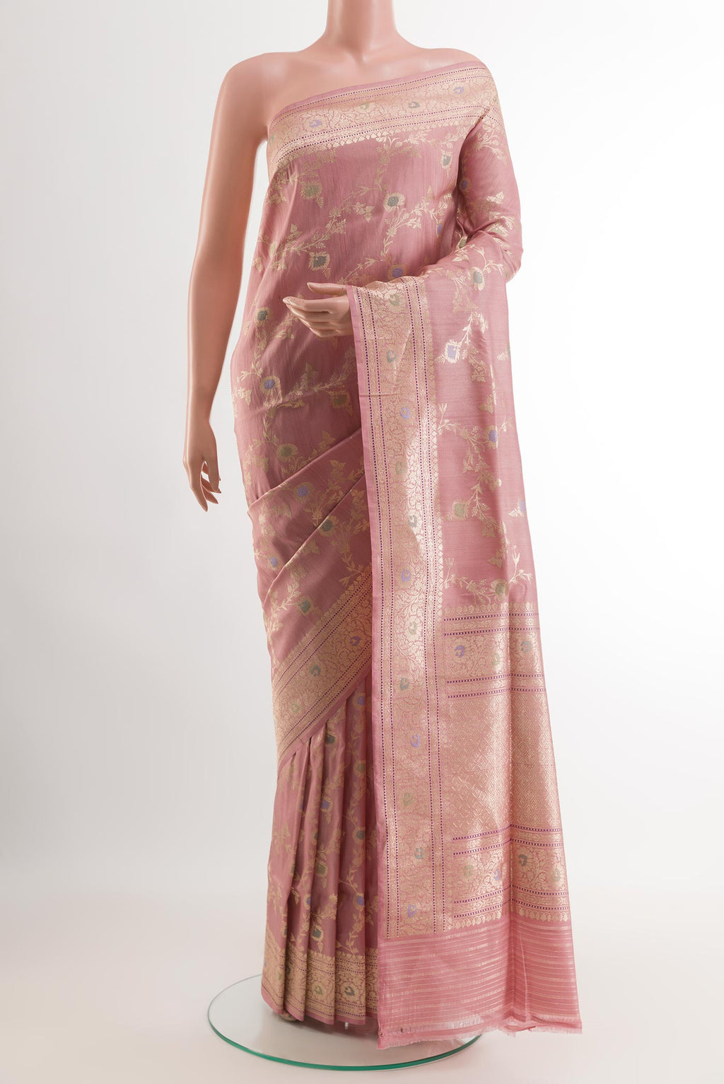 Pink Banarasi Tussar Silk Saree with Zari Brocade on the body and Zari Border.  displayed on a mannequin