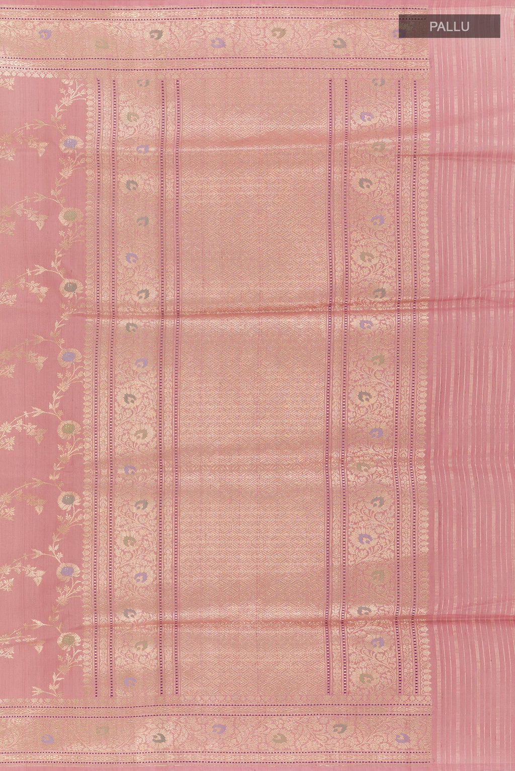 Close up image of the pallu of Pink Banarasi Tussar Silk Saree with Zari Brocade on the body and Zari Border. 
