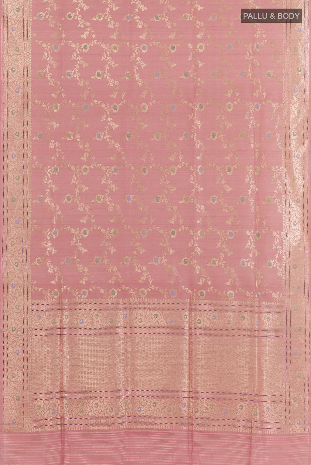 Flat view of Pink Banarasi Tussar Silk Saree with Zari Brocade on the body and Zari Border. 